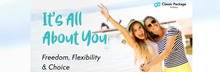Classic Package Holidays Its All About You banner featuring a young couple on the beach 1